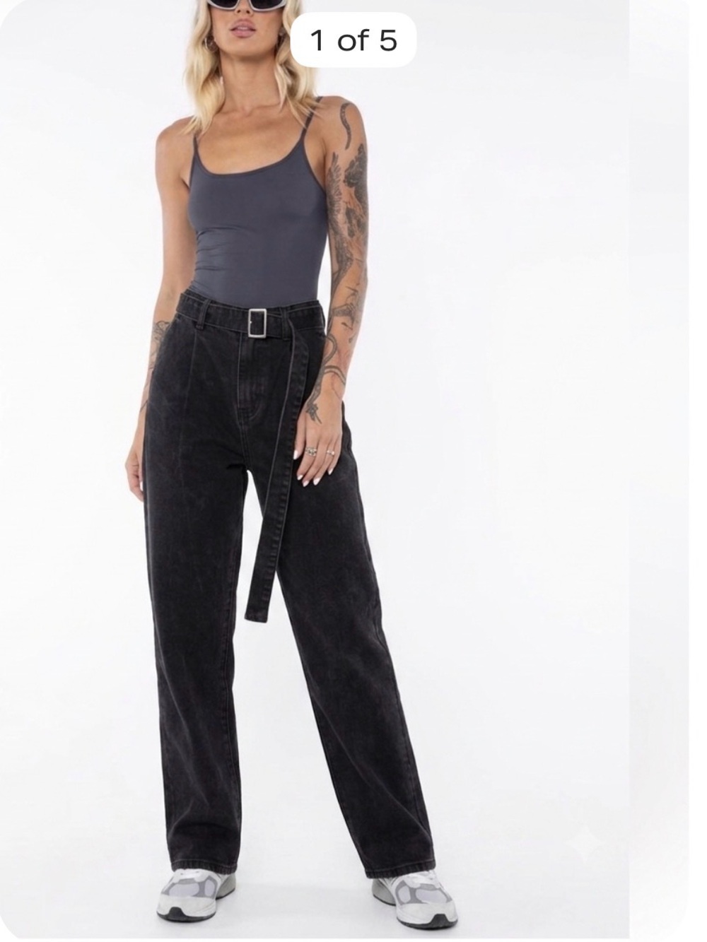Q2 High-Rise Wide Leg Black Jeans with Belt Detail